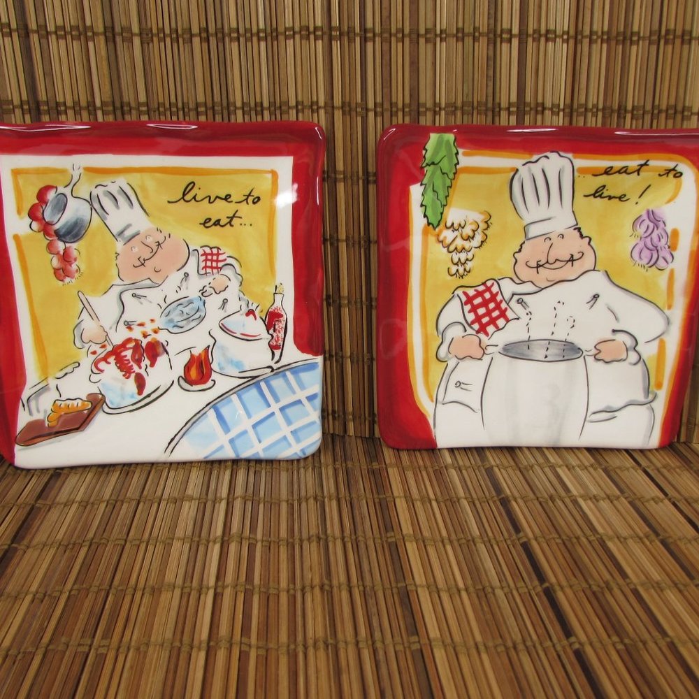 Set Of 2 Master Chef By Tracy Live To Eat Eat To Live Chef 4.75" Square Small Bi